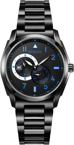 with Date Father's DayChristmas Gift?? flag billion BINLUN Black Mens Automatic Watches Waterproof Military Stainless Steel Wrist Watch 