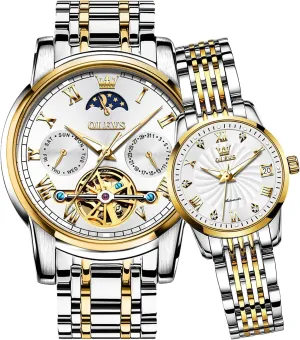 with Day Date Calendar Two Tone OLEVS Couple Pair Watch Automatic for Men and Women His and Hers Watches Set Gifts Mechanical Self-Winding Tourbillon blink slope barb typify windmill Big Face Dress Wristwatch 