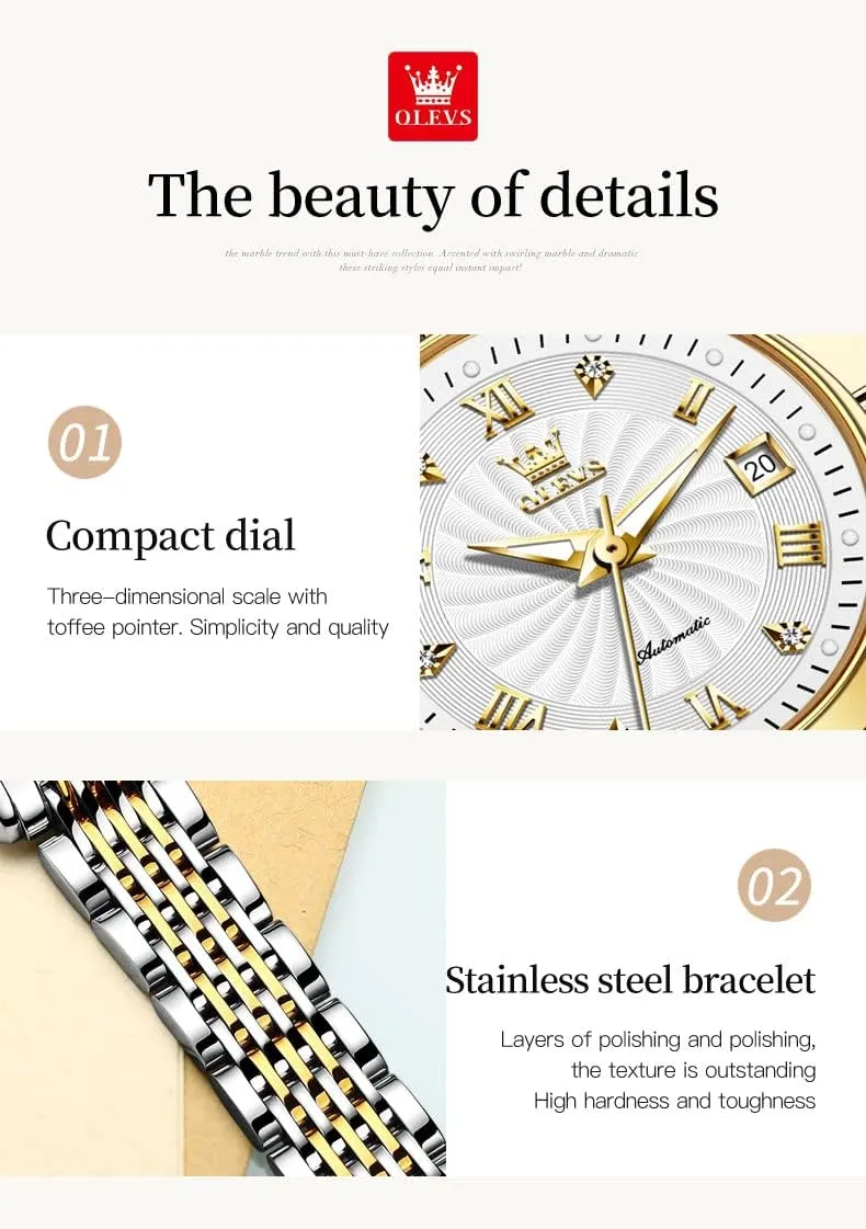 with Day Date Calendar Two Tone OLEVS Couple Pair Watch Automatic for Men and Women His and Hers Watches Set Gifts Mechanical Self-Winding Tourbillon blink slope barb typify windmill Big Face Dress Wristwatch 