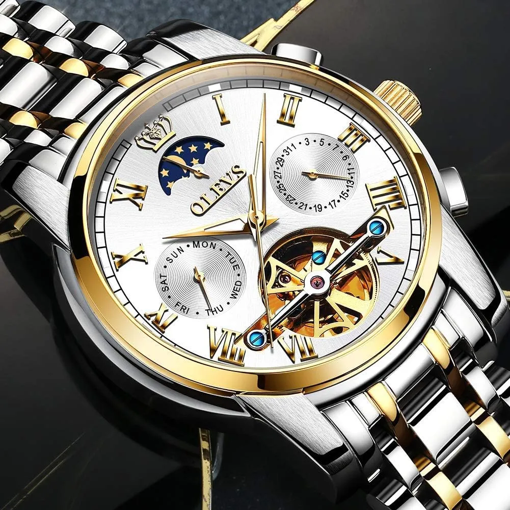 with Day Date Calendar Two Tone OLEVS Couple Pair Watch Automatic for Men and Women His and Hers Watches Set Gifts Mechanical Self-Winding Tourbillon blink slope barb typify windmill Big Face Dress Wristwatch 