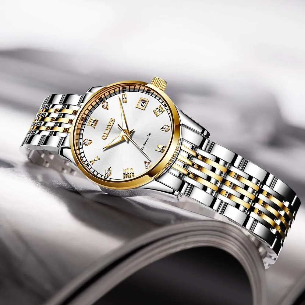 with Day Date Calendar Two Tone OLEVS Couple Pair Watch Automatic for Men and Women His and Hers Watches Set Gifts Mechanical Self-Winding Tourbillon blink slope barb typify windmill Big Face Dress Wristwatch 