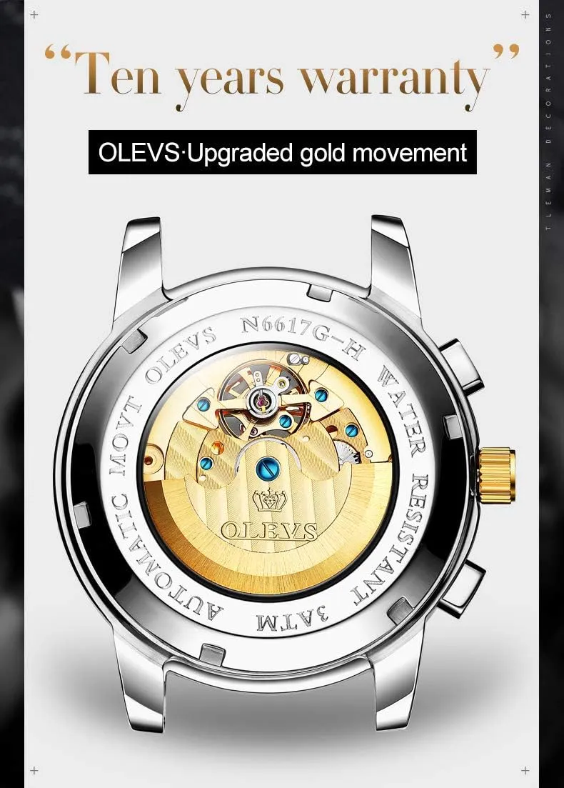 with Day Date Calendar Two Tone OLEVS Couple Pair Watch Automatic for Men and Women His and Hers Watches Set Gifts Mechanical Self-Winding Tourbillon blink slope barb typify windmill Big Face Dress Wristwatch 