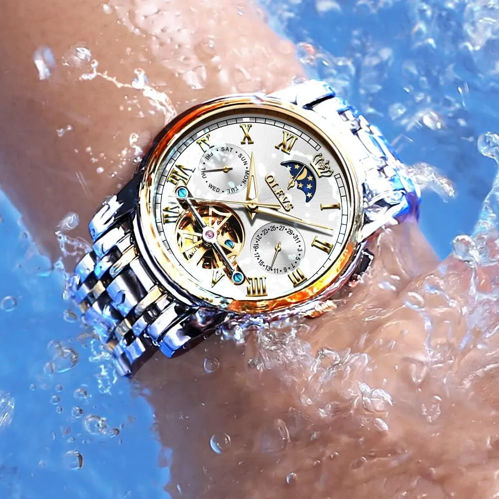 with Day Date Calendar Two Tone OLEVS Couple Pair Watch Automatic for Men and Women His and Hers Watches Set Gifts Mechanical Self-Winding Tourbillon blink slope barb typify windmill Big Face Dress Wristwatch 