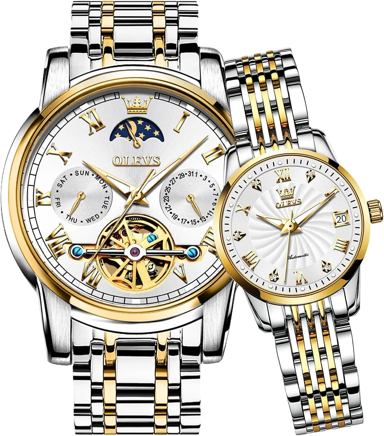 with Day Date Calendar Two Tone OLEVS Couple Pair Watch Automatic for Men and Women His and Hers Watches Set Gifts Mechanical Self-Winding Tourbillon blink slope barb typify windmill Big Face Dress Wristwatch 