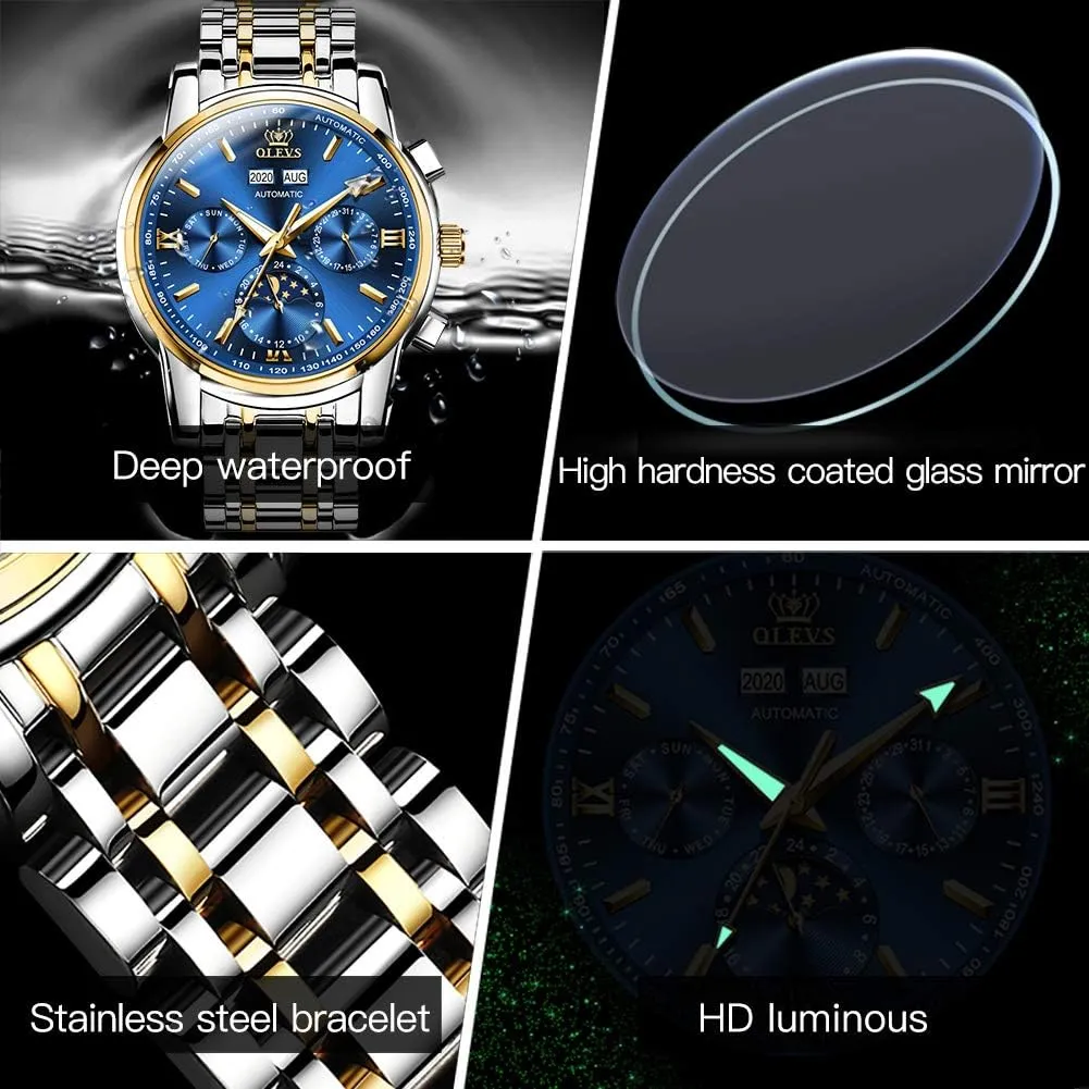 with Day Date Calendar Two Tone OLEVS Couple Pair Watch Automatic for Men fibrous fight and Women His and Hers Watches Set Gifts Mechanical Self-Winding Tourbillon Big Face Dress Wristwatch 