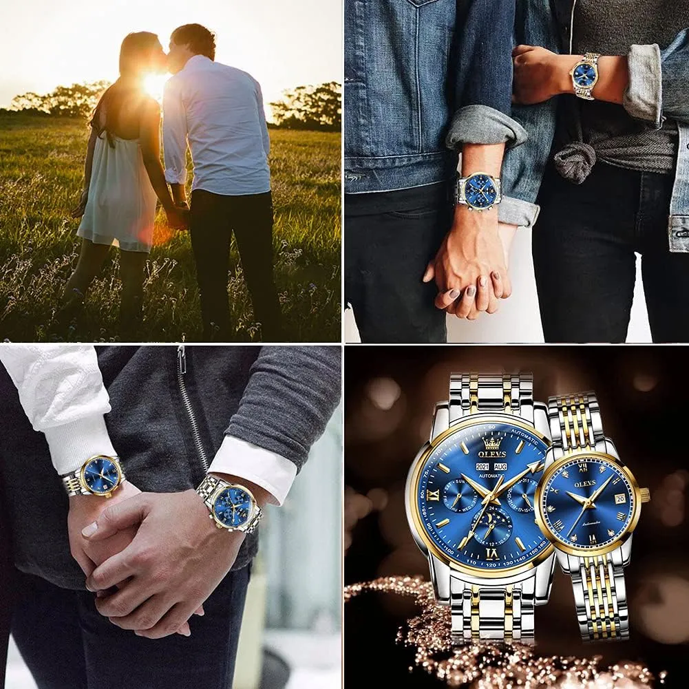 with Day Date Calendar Two Tone OLEVS Couple Pair Watch Automatic for Men fibrous fight and Women His and Hers Watches Set Gifts Mechanical Self-Winding Tourbillon Big Face Dress Wristwatch 