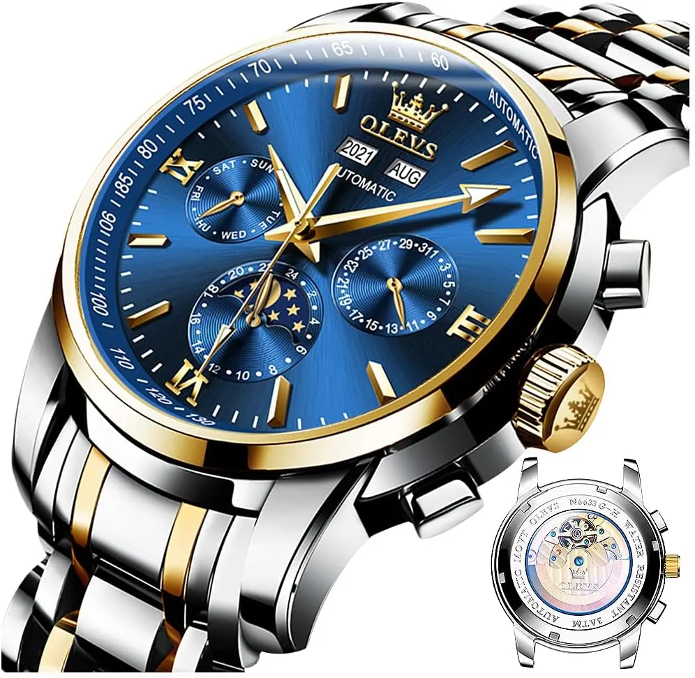 with Day Date Calendar Two Tone OLEVS Couple Pair Watch Automatic for Men fibrous fight and Women His and Hers Watches Set Gifts Mechanical Self-Winding Tourbillon Big Face Dress Wristwatch 