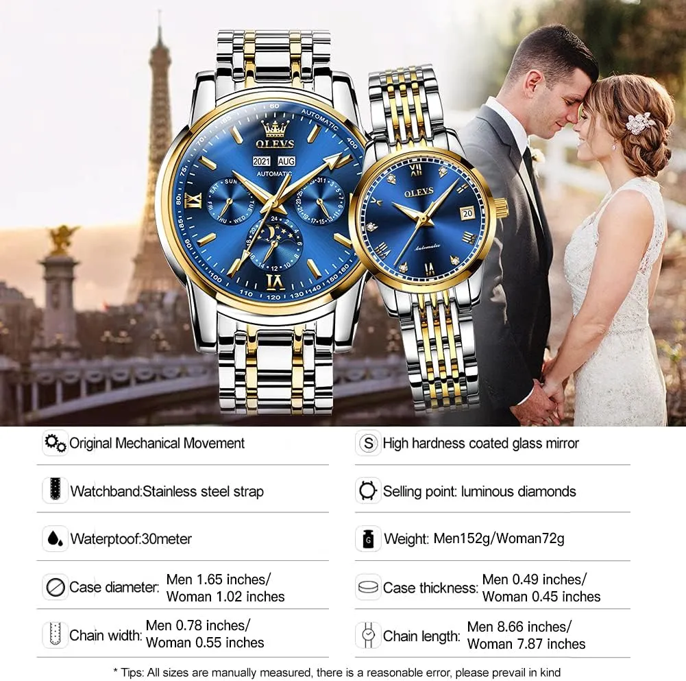 with Day Date Calendar Two Tone OLEVS Couple Pair Watch Automatic for Men fibrous fight and Women His and Hers Watches Set Gifts Mechanical Self-Winding Tourbillon Big Face Dress Wristwatch 