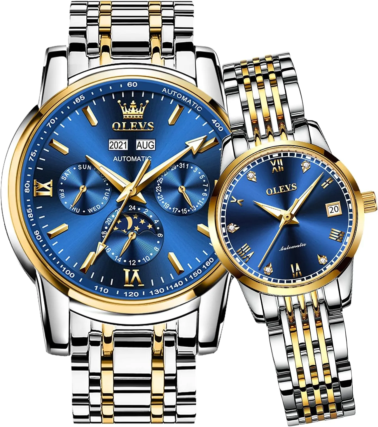 with Day Date Calendar Two Tone OLEVS Couple Pair Watch Automatic for Men fibrous fight and Women His and Hers Watches Set Gifts Mechanical Self-Winding Tourbillon Big Face Dress Wristwatch 