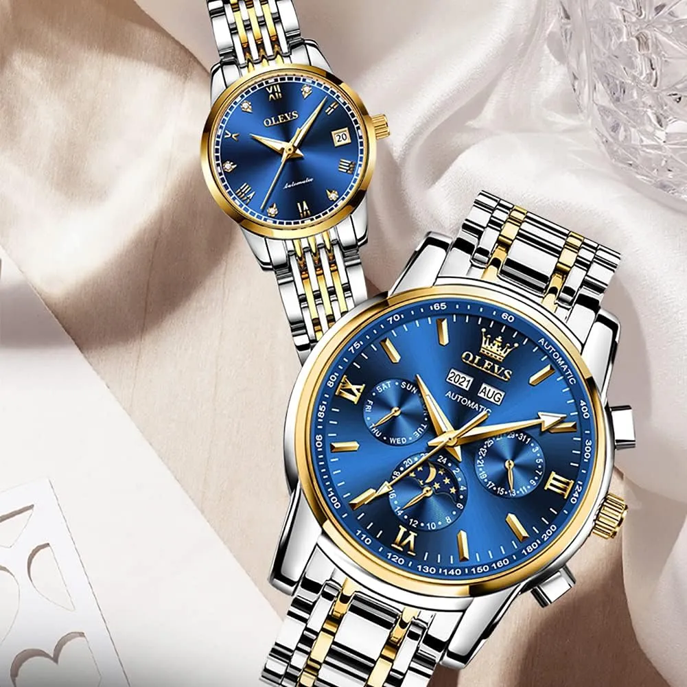 with Day Date Calendar Two Tone OLEVS Couple Pair Watch Automatic for Men fibrous fight and Women His and Hers Watches Set Gifts Mechanical Self-Winding Tourbillon Big Face Dress Wristwatch 