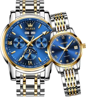with Day Date Calendar Two Tone OLEVS Couple Pair Watch Automatic for Men fibrous fight and Women His and Hers Watches Set Gifts Mechanical Self-Winding Tourbillon Big Face Dress Wristwatch 