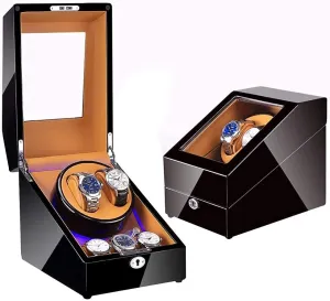 with Extra 3 Watch Storages LED Illumination Wood Shell Piano Finish Silent Motor Self Winding (F) Watch Watch Winder sunset for 2 Automatic Watches 