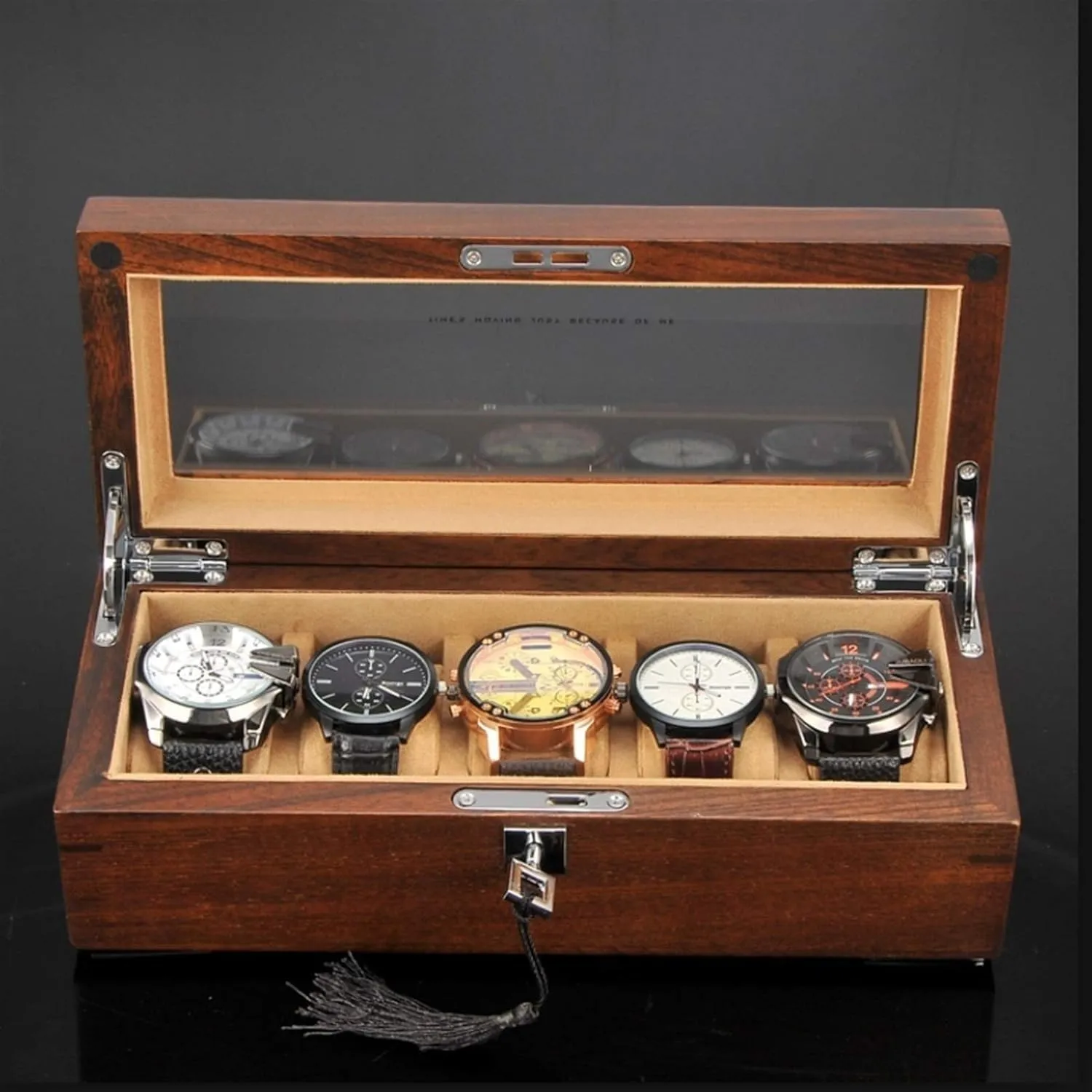 with Glass Top, Mens Gifts(Brown B) Mens Watch Boxes galvanize rhythm curtsy luminous Watch Box Case Organizer Display for Men Women, Watch Case Display Organizer Premium 5 Slot Wood Box 