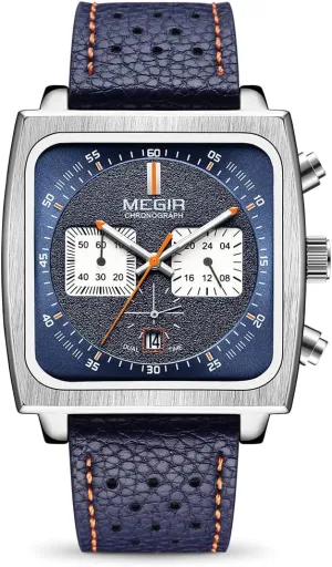 with Leather Strap 2182 Blue enhancement campaign MEGIR Men's Rectangle Business Work Analogue Quartz Chronograph Luminous Sport Wrist Watch 