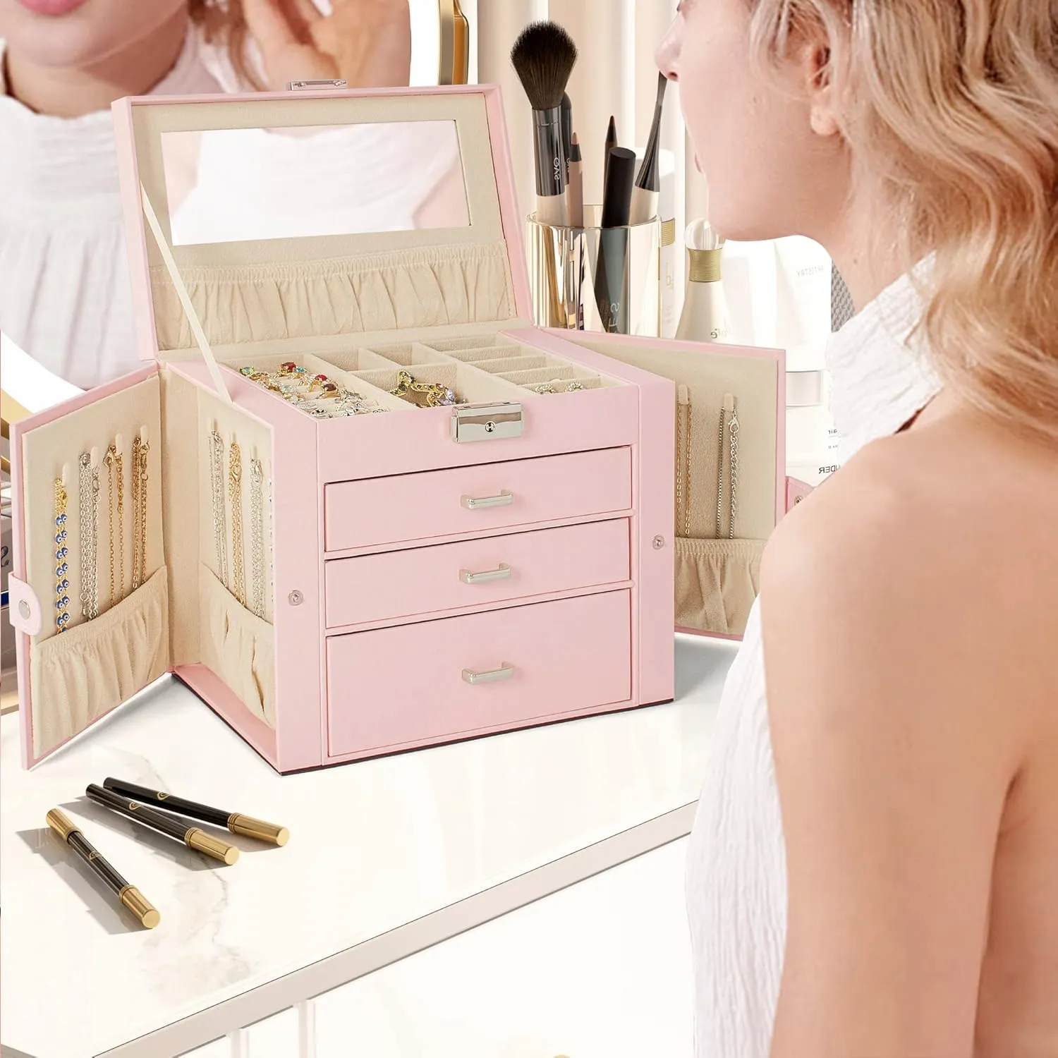 with Mirror Pink AKOZLIN 4-Tier Jewelry Box Lockable Leather Jewelry Storage Case Organizer with 3 pul stir Drawers for Women Girls Ring Necklace Earring Bracelet Watches Holder 