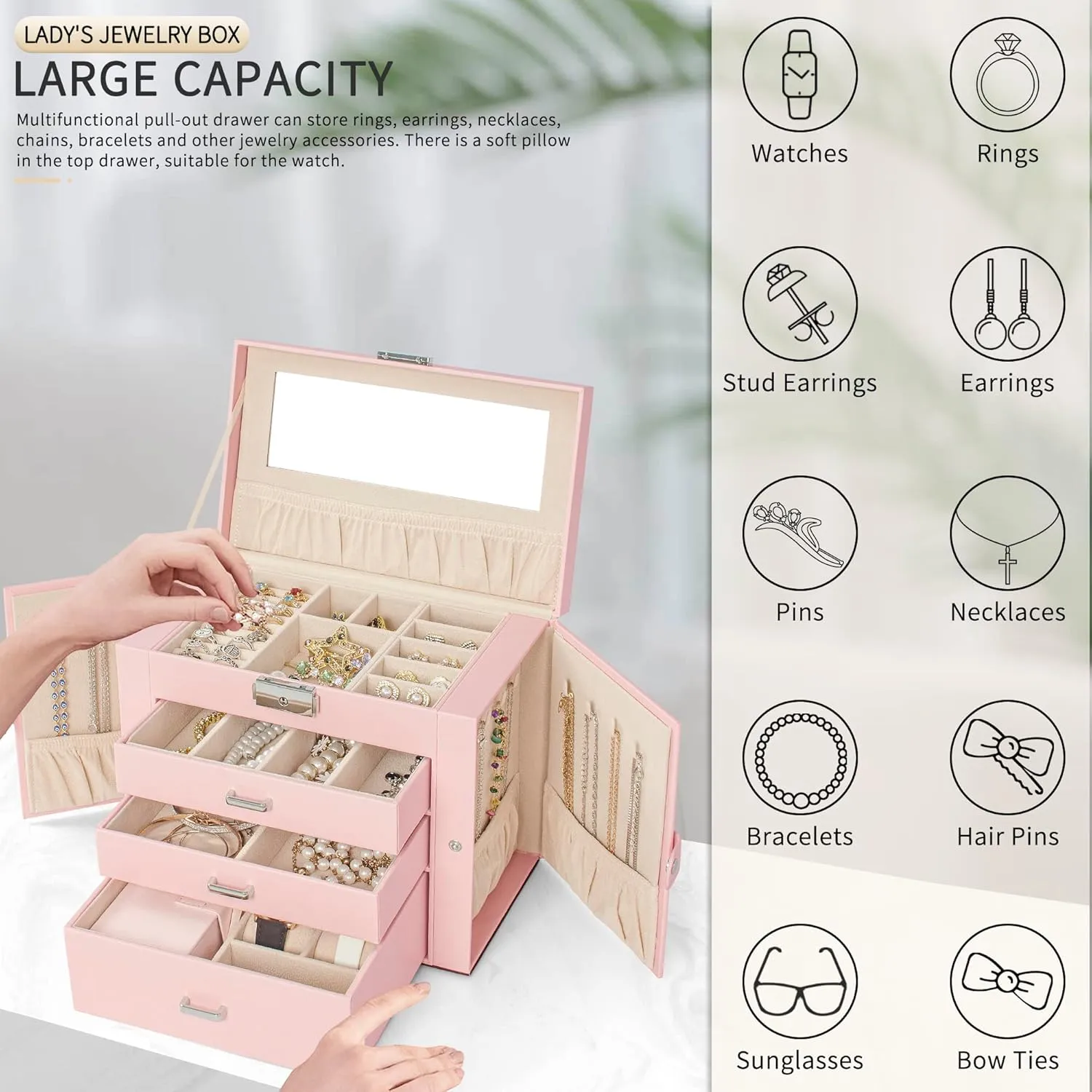 with Mirror Pink AKOZLIN 4-Tier Jewelry Box Lockable Leather Jewelry Storage Case Organizer with 3 pul stir Drawers for Women Girls Ring Necklace Earring Bracelet Watches Holder 