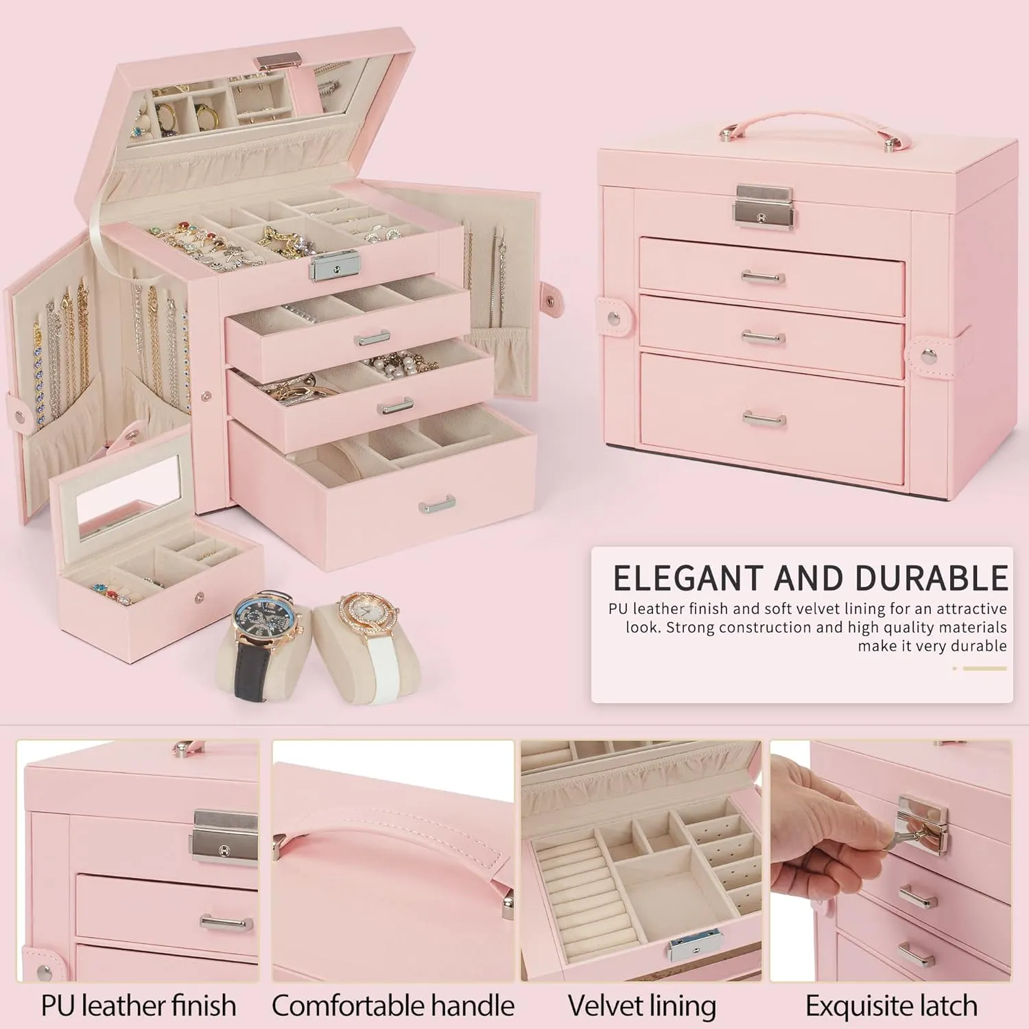 with Mirror Pink AKOZLIN 4-Tier Jewelry Box Lockable Leather Jewelry Storage Case Organizer with 3 pul stir Drawers for Women Girls Ring Necklace Earring Bracelet Watches Holder 