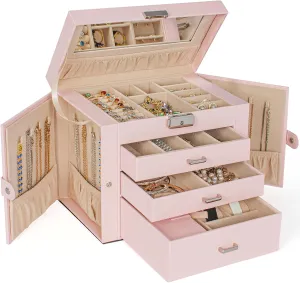 with Mirror Pink AKOZLIN 4-Tier Jewelry Box Lockable Leather Jewelry Storage Case Organizer with 3 pul stir Drawers for Women Girls Ring Necklace Earring Bracelet Watches Holder 