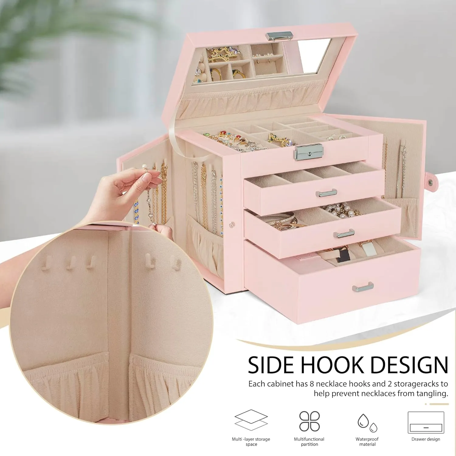 with Mirror Pink AKOZLIN 4-Tier Jewelry Box Lockable Leather Jewelry Storage Case Organizer with 3 pul stir Drawers for Women Girls Ring Necklace Earring Bracelet Watches Holder 