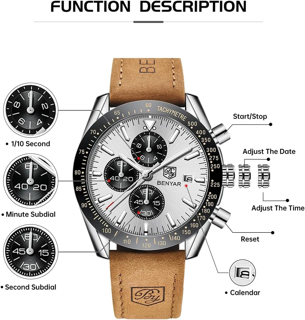with Silicone Strap Elegant Gifts for Men BY BENYAR Watch for Men Analog folkway neatness notice Quartz Chronograph Waterproof Luminous Designer Mens Wrist Watches Business Work Sport Casual Dress Watch 