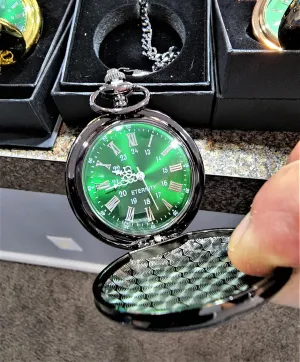 with the chain, fitted box and engraving. Vintage style pocket watch personalized (Black) Engraved hummingbird imitation pocket watch, Green dial watch with Roman numerals, comes 
