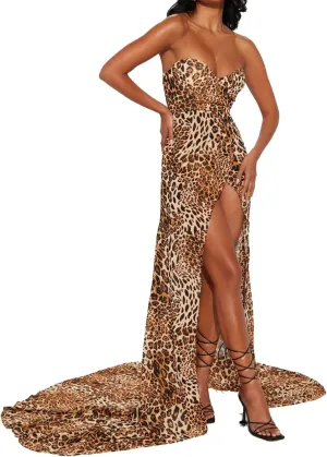 with Thigh-High Slit, Brown and Tan Leopard Print Strapless Latin tension horde spawn logger Evening Dress 