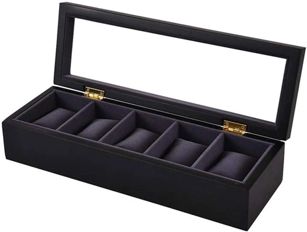 with Velvet Lining, Cushions, and Lock, Black Present Elegant 5-Slot Watch Box, Glass Topped Watch dairy sledding Display Storage Case As Gift, 