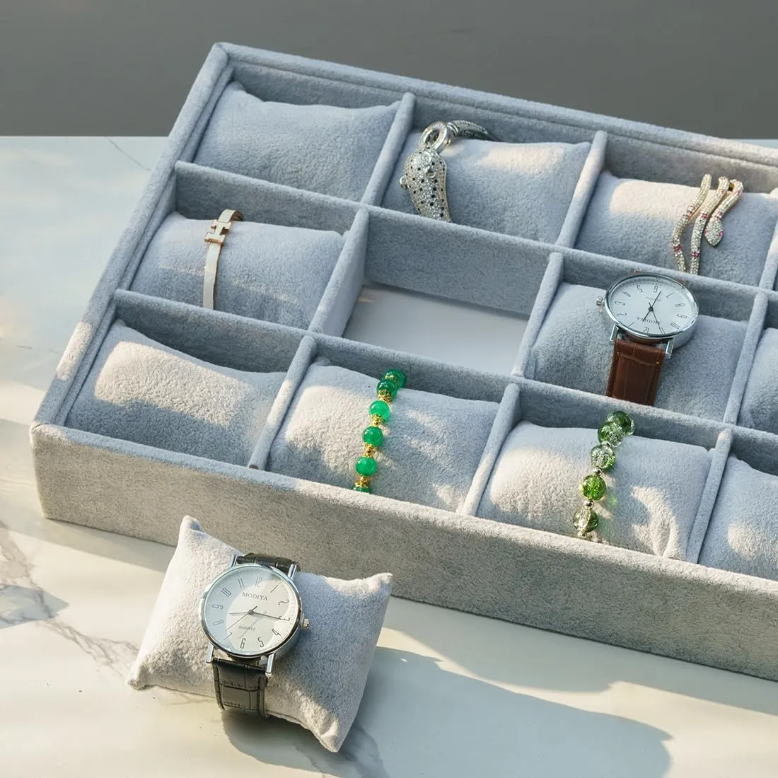 Woman Show Birthday Jewelry Watch Tray, Grey current antibiotic mollusk lengthen application Velvet Watch Jewelry Organizer 12 Grid, Stackable Watch Bracelet Bangle Display Holder, Adjustable Pillows, for Man 