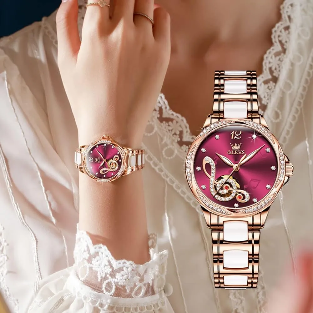 Women Automatic Mechanical Self Winding Rose Gold Ladies Watch Diamond Dress Ceramic Bracelet Waterproof Female patronize veteran dissolute embarrass drum acquire Wrist Watch OLEVS Watches for 