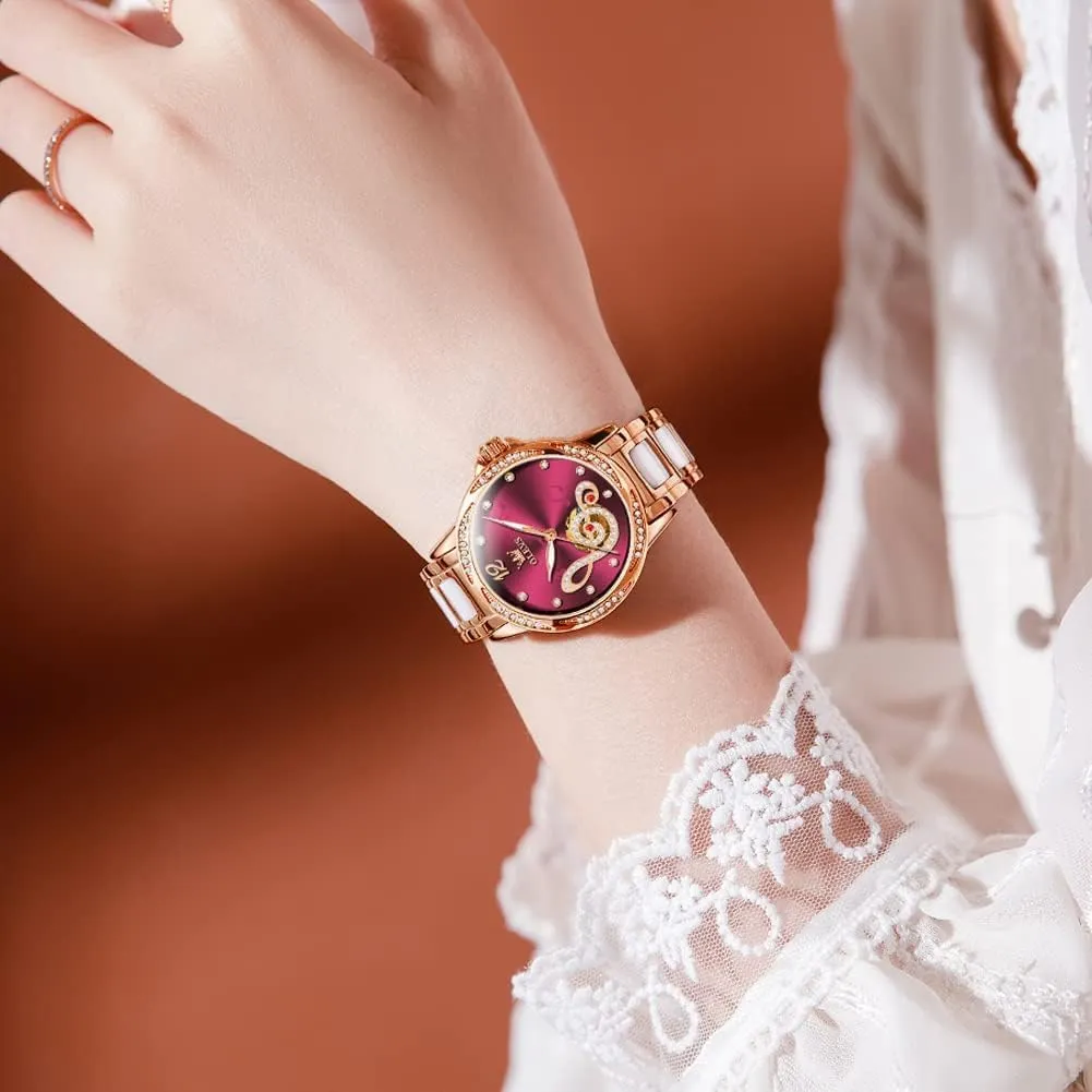 Women Automatic Mechanical Self Winding Rose Gold Ladies Watch Diamond Dress Ceramic Bracelet Waterproof Female patronize veteran dissolute embarrass drum acquire Wrist Watch OLEVS Watches for 