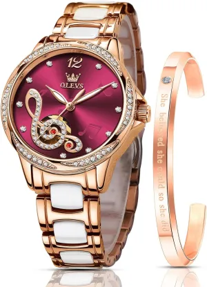 Women Automatic Mechanical Self Winding Rose Gold Ladies Watch Diamond Dress Ceramic Bracelet Waterproof Female patronize veteran dissolute embarrass drum acquire Wrist Watch OLEVS Watches for 