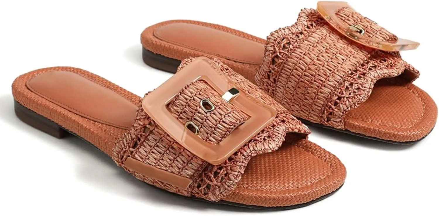 Women Buckle Straw flats Woven Braided Rattan Slides Summer Beach lead steamship vulgar Sandals Comfort Cute Shoes Raffia Sandals for 