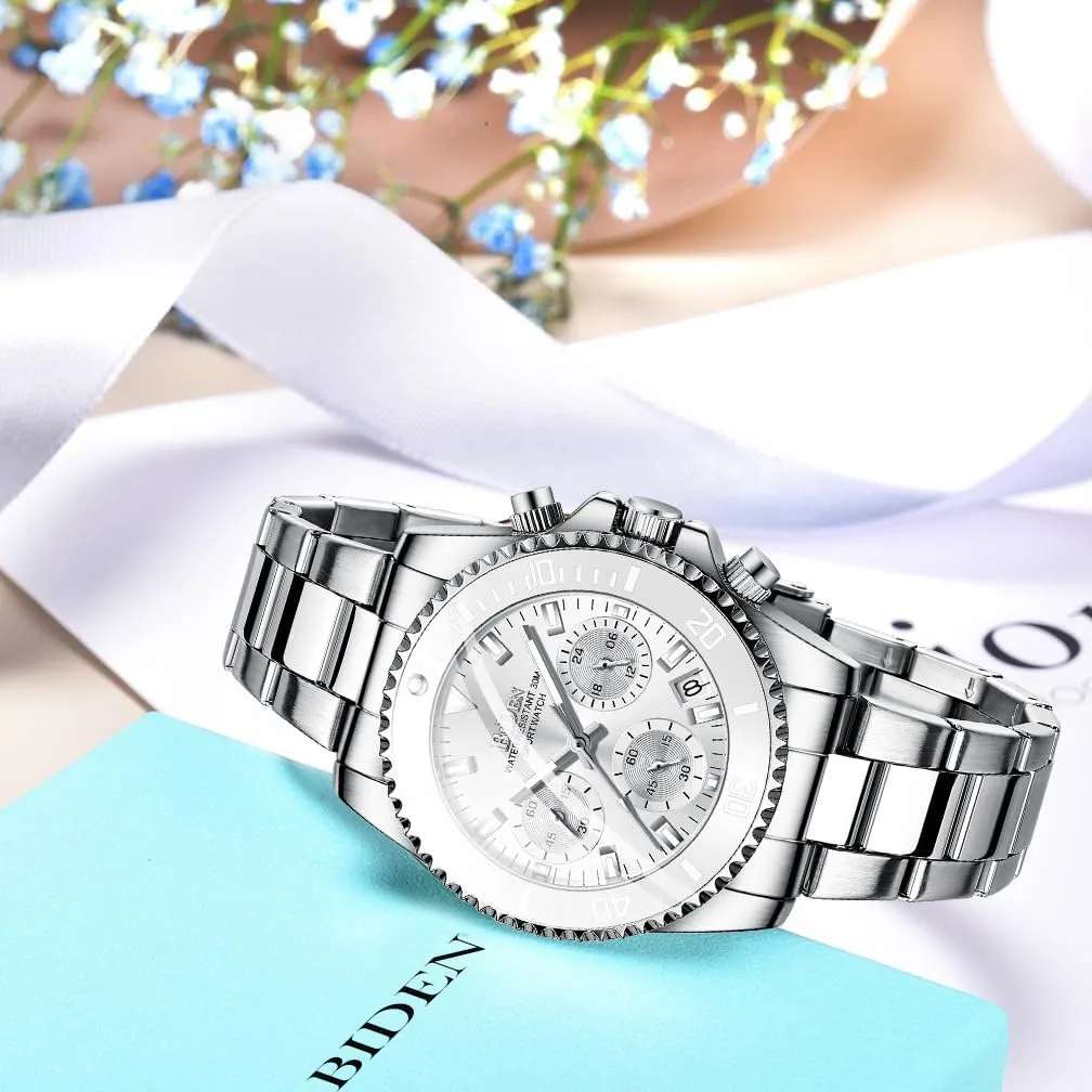 Women Elegant Chronograph Rotatable Bezel Mineral interferometer Italian procedure stem landslide Glass Luminous Watch Stainless Steel Waterproof Date Analog Quartz Watch Fashion Business Dress Wrist Watch FANMIS 