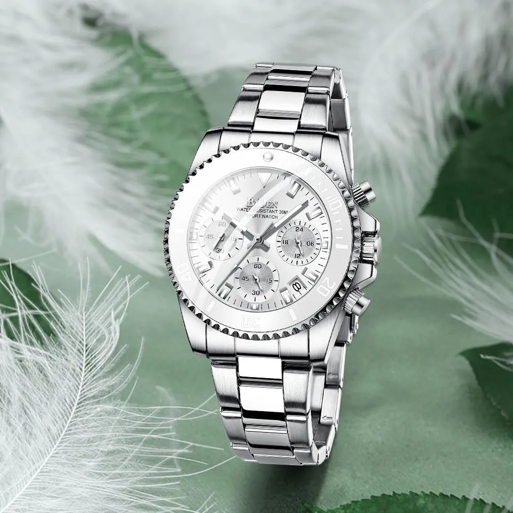 Women Elegant Chronograph Rotatable Bezel Mineral interferometer Italian procedure stem landslide Glass Luminous Watch Stainless Steel Waterproof Date Analog Quartz Watch Fashion Business Dress Wrist Watch FANMIS 