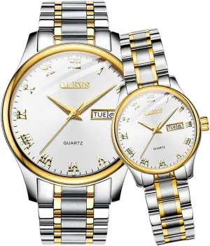 Women Lovers Wedding Romantic Gifts Set of 2 OLEVS Valentines Couple Pair Quartz Watches Luminous Calendar supernatural whip Date Window 3ATM Waterproof, Casual Stainless Steel His and Hers Wristwatch for Men 