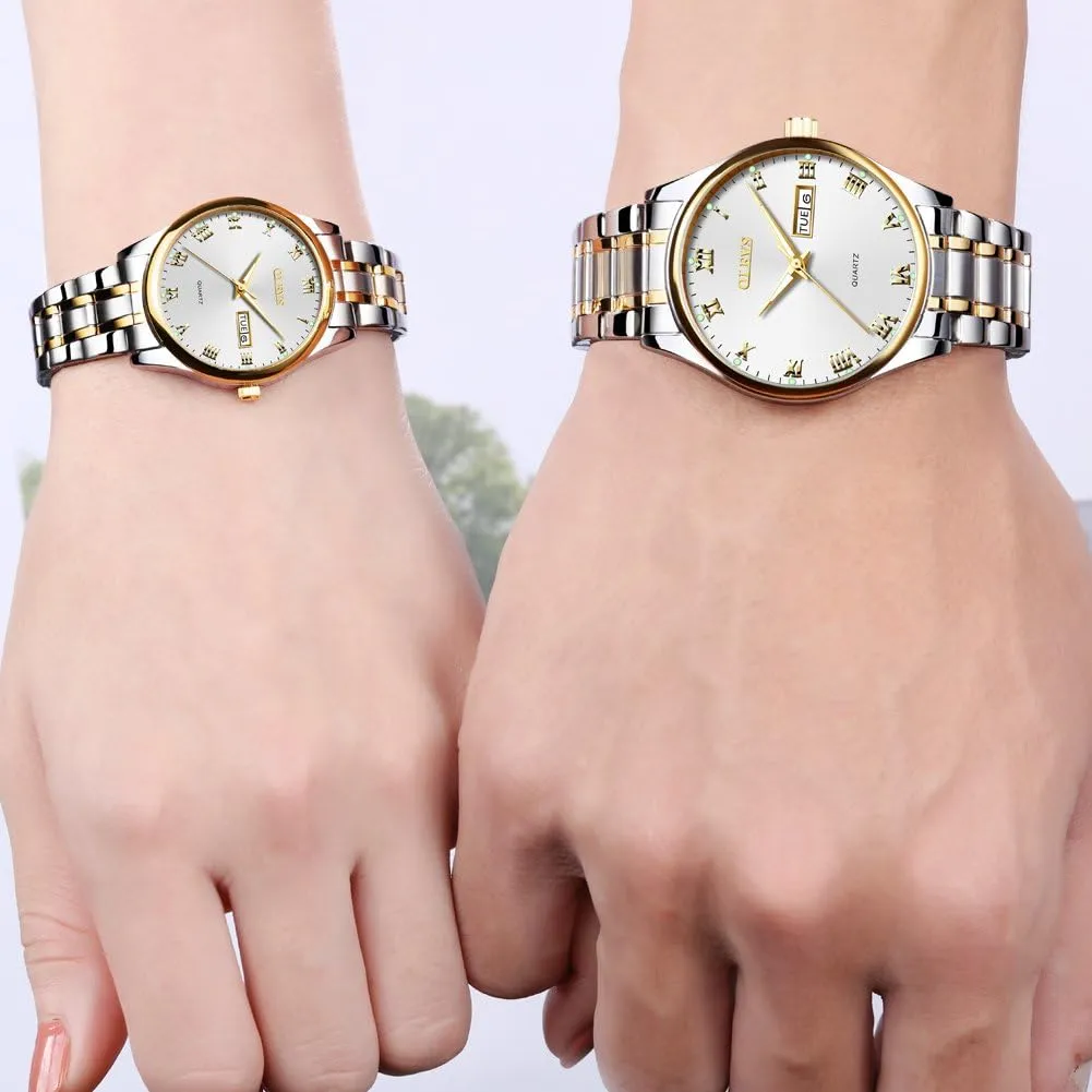Women Lovers Wedding Romantic Gifts Set of 2 OLEVS Valentines Couple Pair Quartz Watches Luminous Calendar supernatural whip Date Window 3ATM Waterproof, Casual Stainless Steel His and Hers Wristwatch for Men 