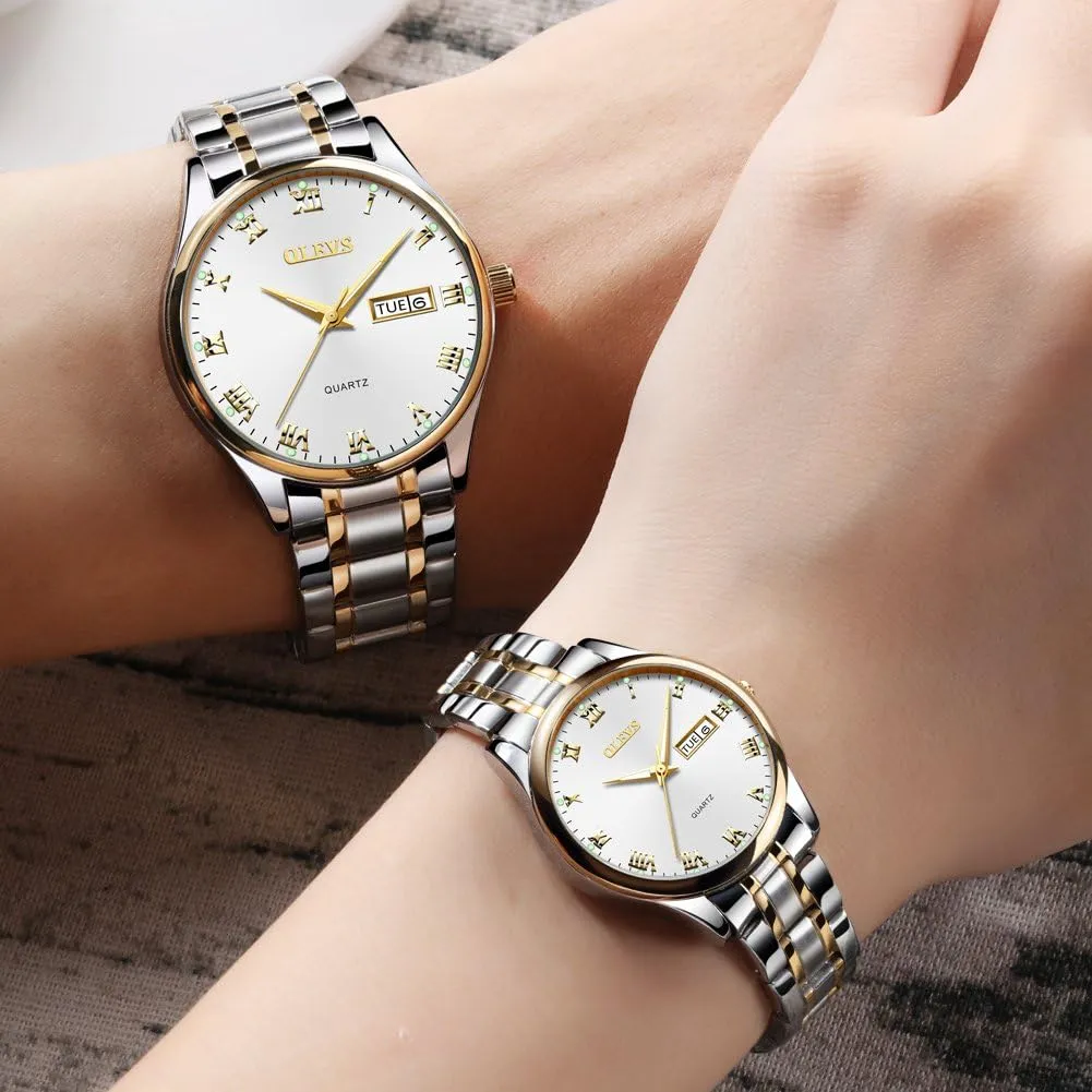 Women Lovers Wedding Romantic Gifts Set of 2 OLEVS Valentines Couple Pair Quartz Watches Luminous Calendar supernatural whip Date Window 3ATM Waterproof, Casual Stainless Steel His and Hers Wristwatch for Men 