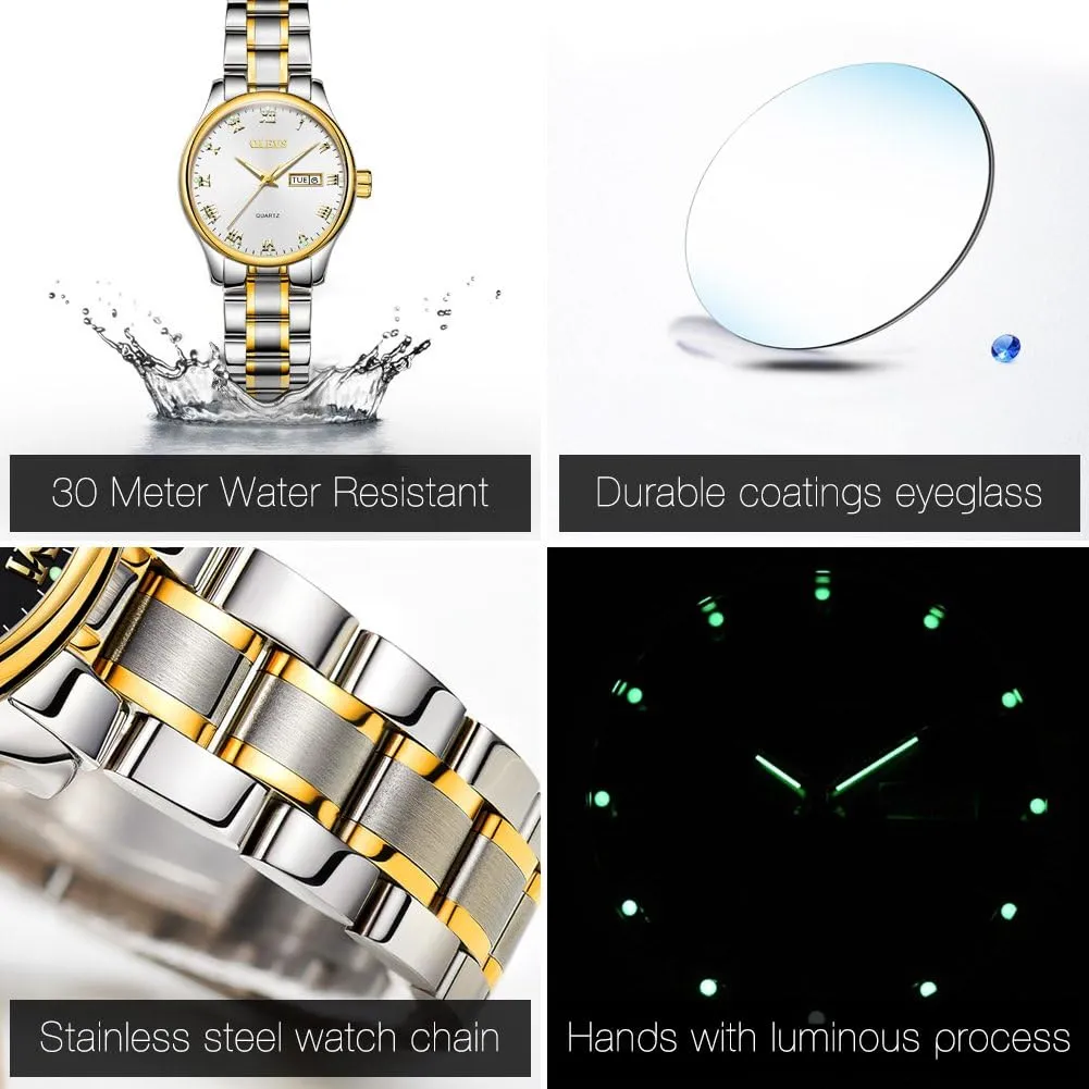 Women Lovers Wedding Romantic Gifts Set of 2 OLEVS Valentines Couple Pair Quartz Watches Luminous Calendar supernatural whip Date Window 3ATM Waterproof, Casual Stainless Steel His and Hers Wristwatch for Men 
