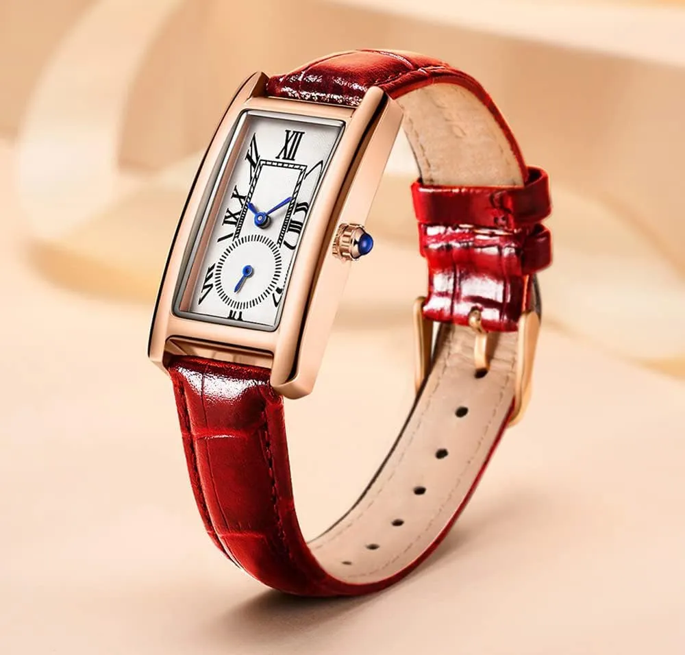 Women stingy Quartz Watch Lady Stylish Rectangle Dress Watch with Leather Strap and Blue Crystal Crown carlien 