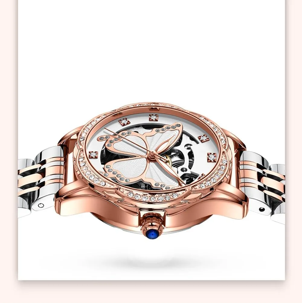 Women's Automatic Watches for Women Ladies Mechanical Wrist domesticate oasis garrison Watches Luxury Skeleton Dial Butterfly Diamond No Battery Watch for Women BESTKANG 