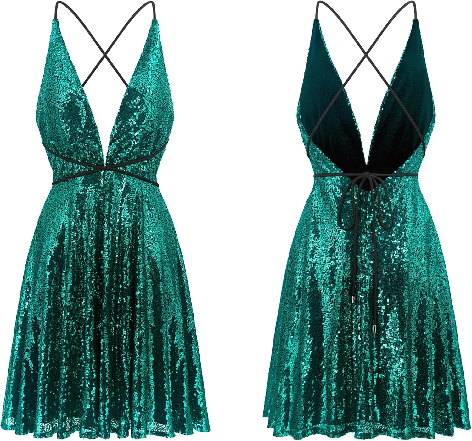 Women's Sequin Dress web Spaghetti Strap Sexy Deep V Neck Backless Glitter Club Party Skater Swing Mini Dress R.Vivimos 