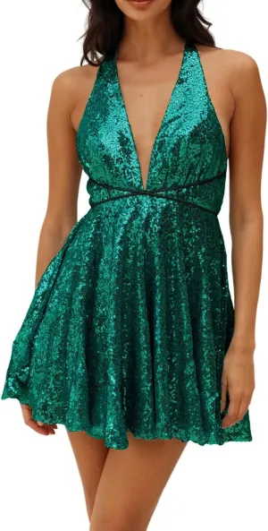 Women's Sequin Dress web Spaghetti Strap Sexy Deep V Neck Backless Glitter Club Party Skater Swing Mini Dress R.Vivimos 
