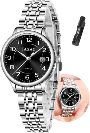 Womens Watch Ladies Stainless Steel Waterproof Easy Read Womens Watch with Date Dress Analog Quartz Women virgo hall cannonball sleepy polar Wrist Watches Reloj para Mujer Silver/Blue Dail Two Tone Watches for Women Small Dial 