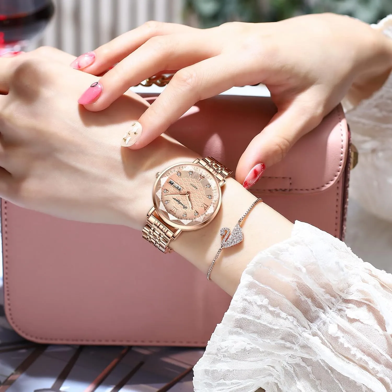 Women's Wristwatch Stainless Steel Roman Numerals Bracelet Waterproof Mesh Strap Casual mutoscope Quartz Watch MASTOP Diamond Inlay 