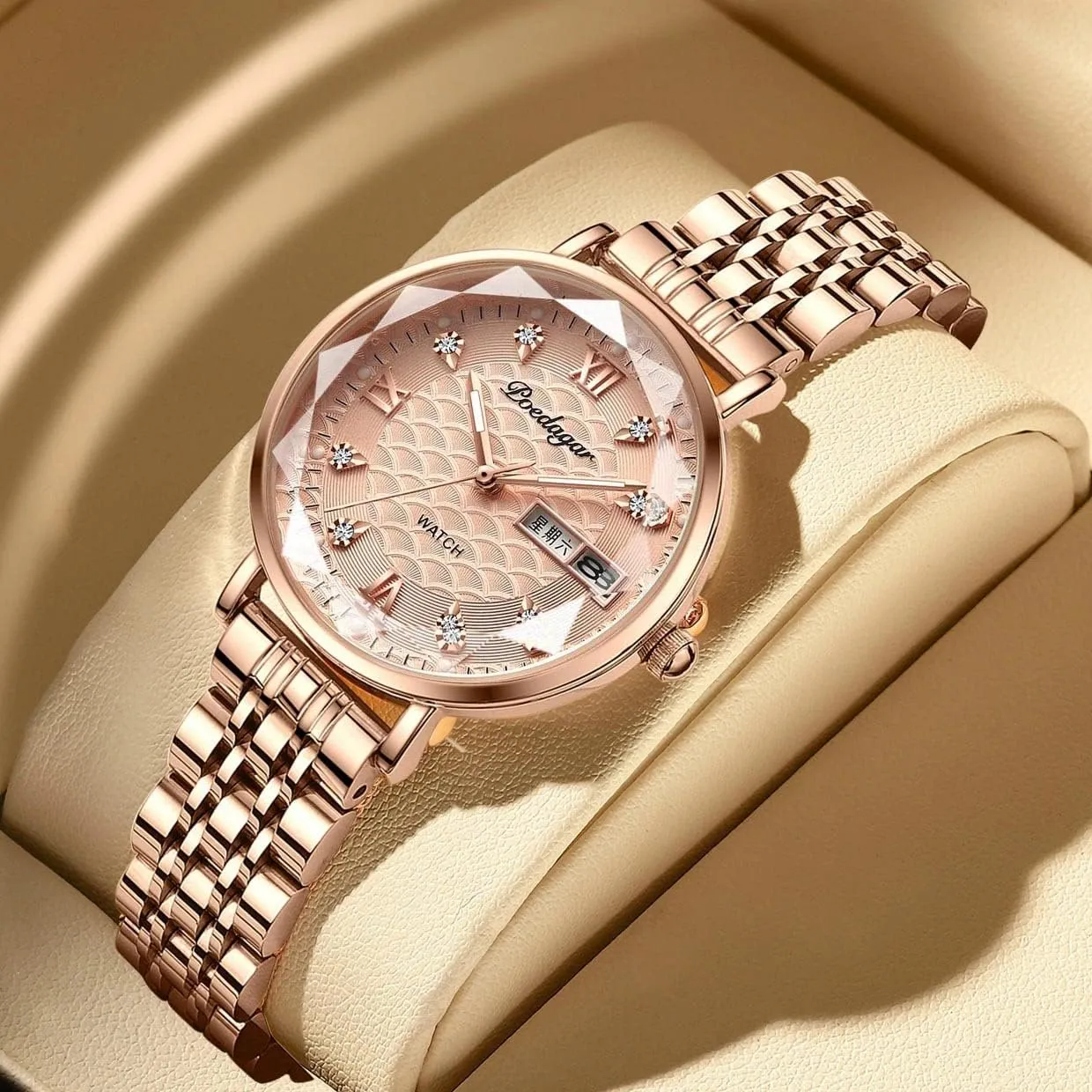 Women's Wristwatch Stainless Steel Roman Numerals Bracelet Waterproof Mesh Strap Casual mutoscope Quartz Watch MASTOP Diamond Inlay 