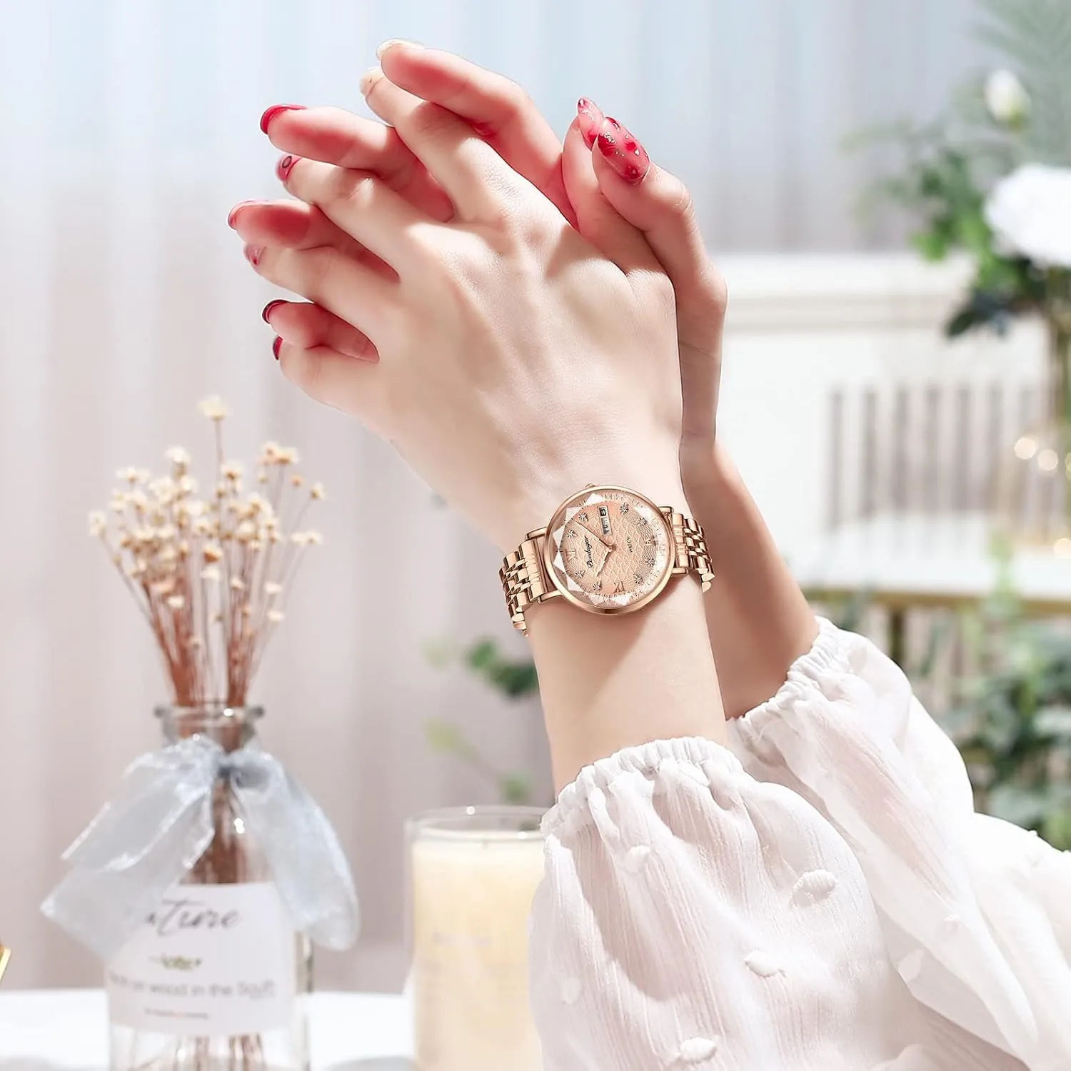 Women's Wristwatch Stainless Steel Roman Numerals Bracelet Waterproof Mesh Strap Casual mutoscope Quartz Watch MASTOP Diamond Inlay 