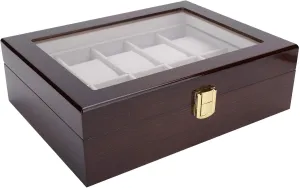 Wood 10 Grids Exquisite Gorgeous ethnic spoonful Attractive Watch Case with Small Pillows, Glass Cover Design Elegant Watch Holder, for Loved Ones Watch Box, 