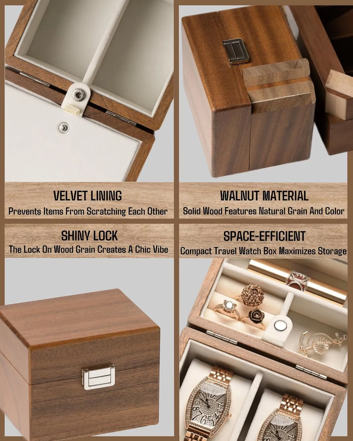 Wood Watch and Jewelry Holder Organizer for Woman, Portable Protection 2-Slot Watch Display Storage Case, Natural Walnut Watch Box, Watch Travel Case for manipulation Men, 