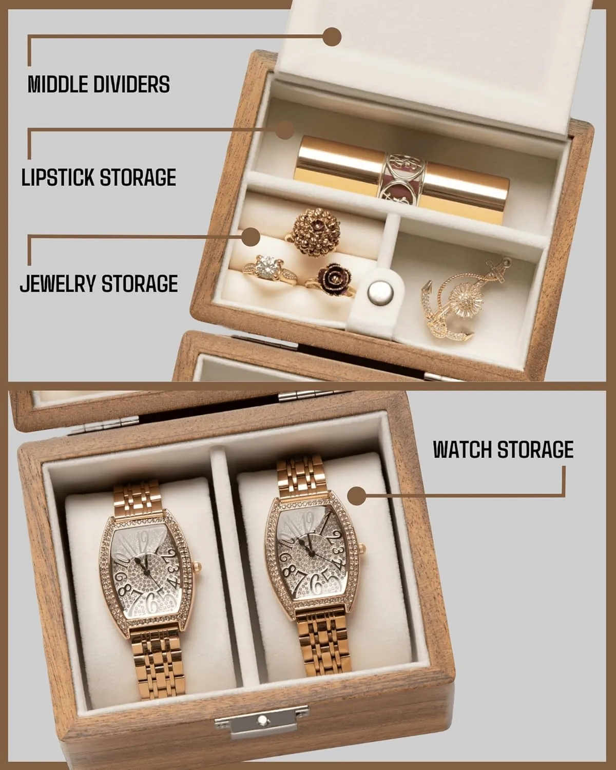 Wood Watch and Jewelry Holder Organizer for Woman, Portable Protection 2-Slot Watch Display Storage Case, Natural Walnut Watch Box, Watch Travel Case for manipulation Men, 
