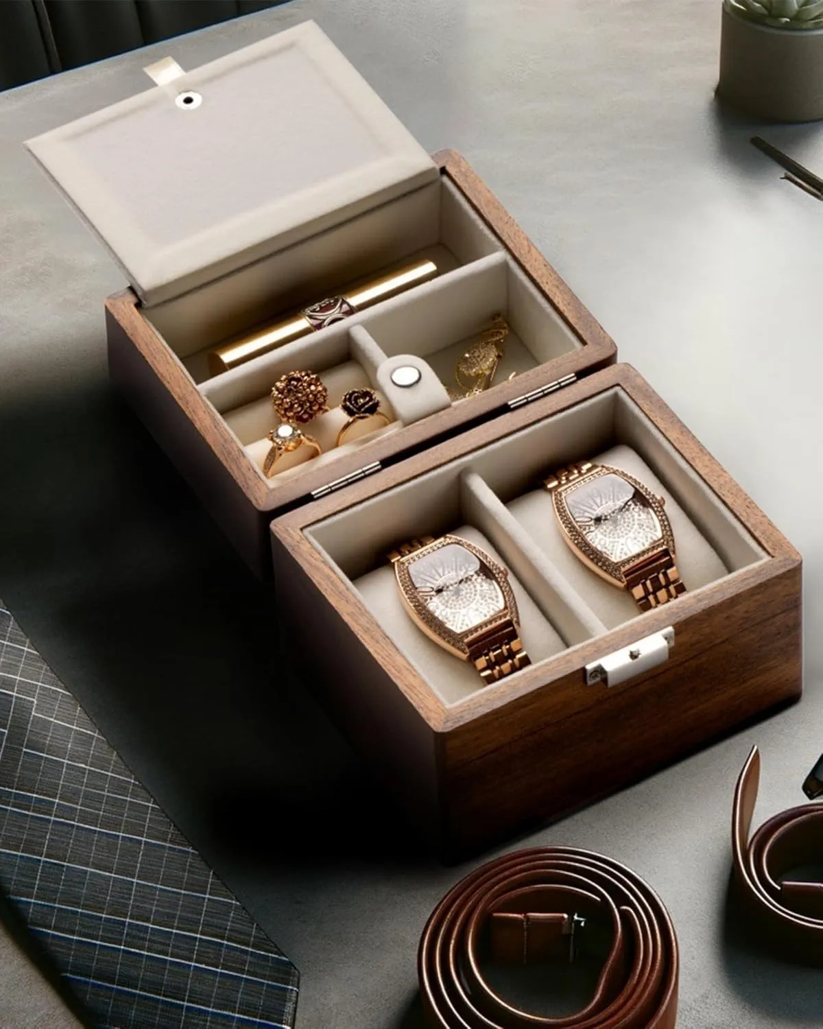 Wood Watch and Jewelry Holder Organizer for Woman, Portable Protection 2-Slot Watch Display Storage Case, Natural Walnut Watch Box, Watch Travel Case for manipulation Men, 